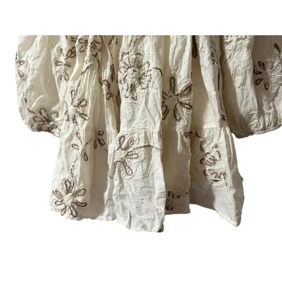 Camellia Embroidered 3D Floral Cottage Mini Dress Women Medium Cream Puff Sleeve - Picture 16 of 16